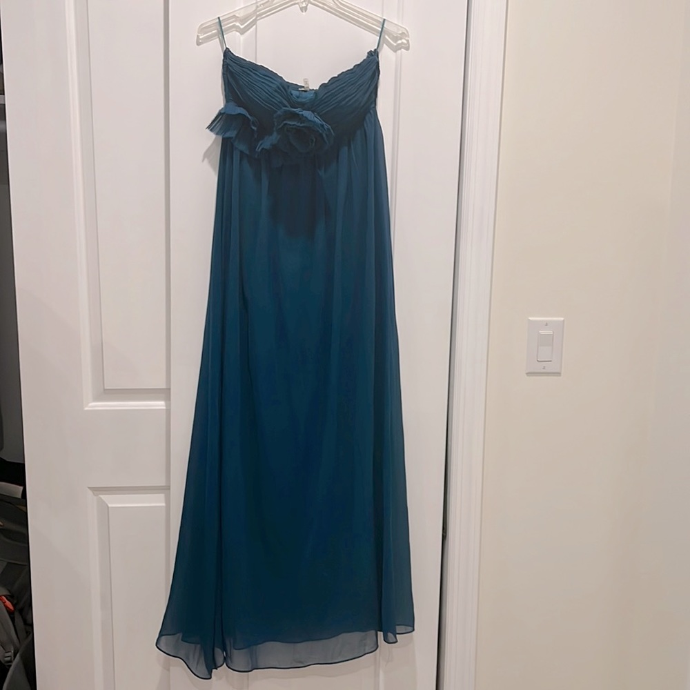 Turquoise strapless Maxi dress with flower embellishments